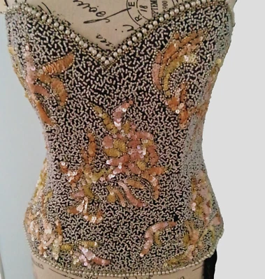 De colección Oleg Cassini Corbata Negra Seda Bustier Multicolor Perlas/Cuentas Foto 1 de 4