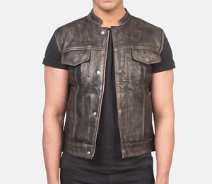 Men's Genuine Leather Vest Vintage Motorcycle & Casual Bike Rider Waistcoat - Picture 1 of 5