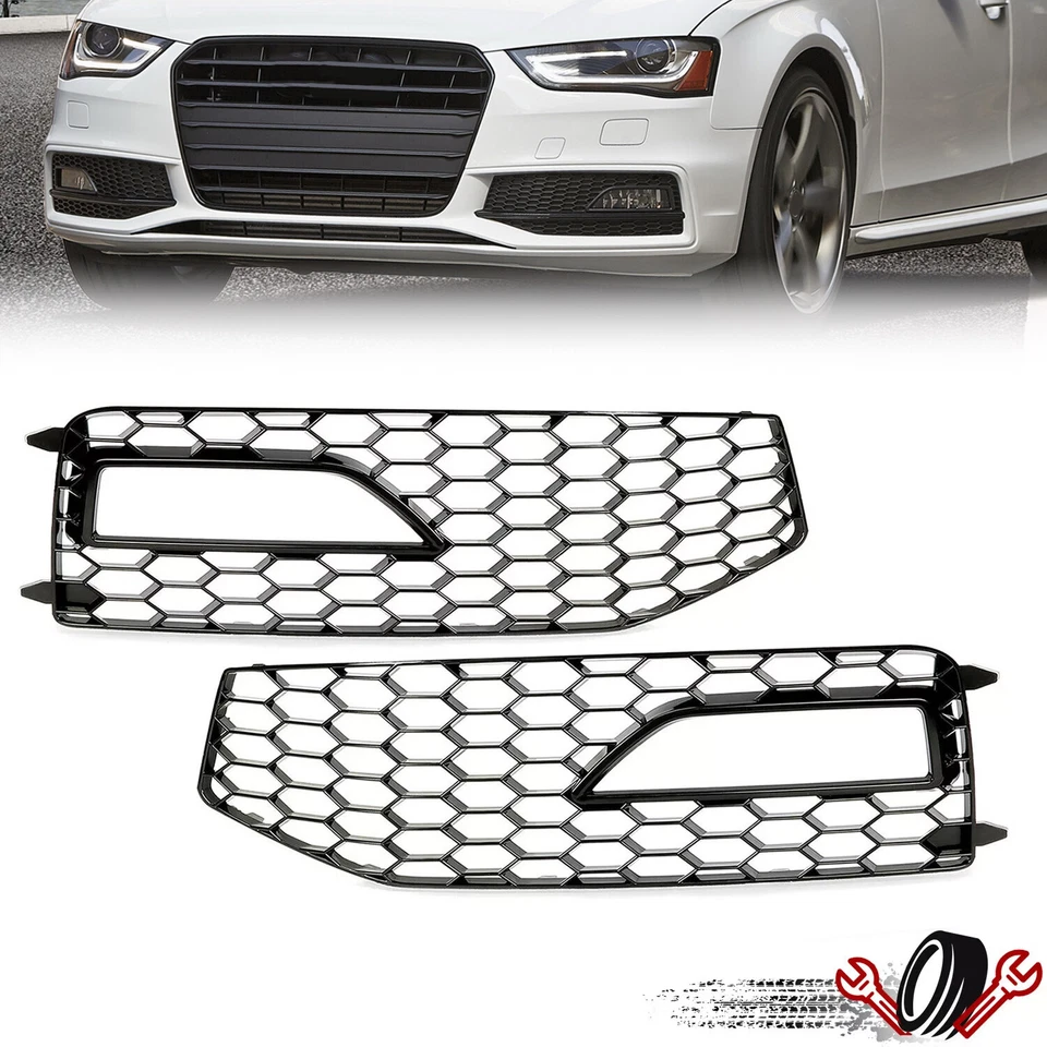 Black Front Honeycomb RS4 Style Fog Light Grill Cover For 2013-2016 Audi A4 B8.5 Foto 1 de 4