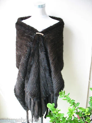 Winter Mink Fur Cape Poncho Shawl Wraps Stoles With Pocket Black Brown - Image 1 of 4