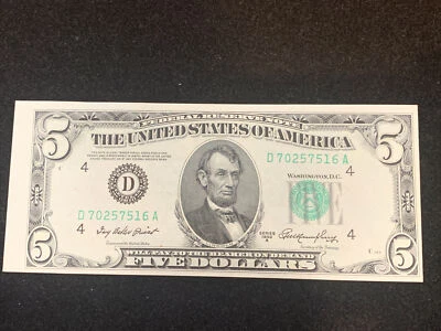 $5 ERROR  OFF CENTER REVERSE 1950 A CRISP UNC FEDERAL RESERVE NOTE - Image 1 of 3