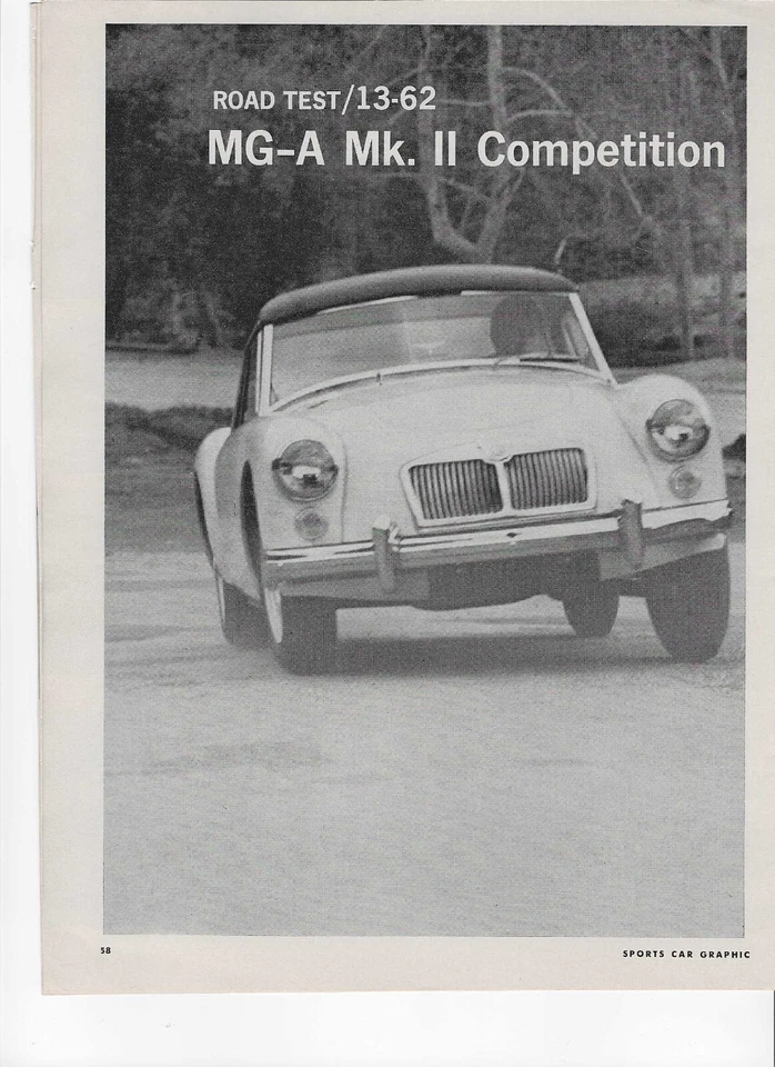 MG MGA 1962 vintage 4 páginas prueba de carretera, en categoría de anuncio impreso. British Motor Corp. Foto 1 de 1