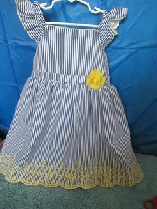 P14) Girls Penelope Size 5 Blue and White Stripe Dress Butterfly Sleeves - Picture 1 of 12