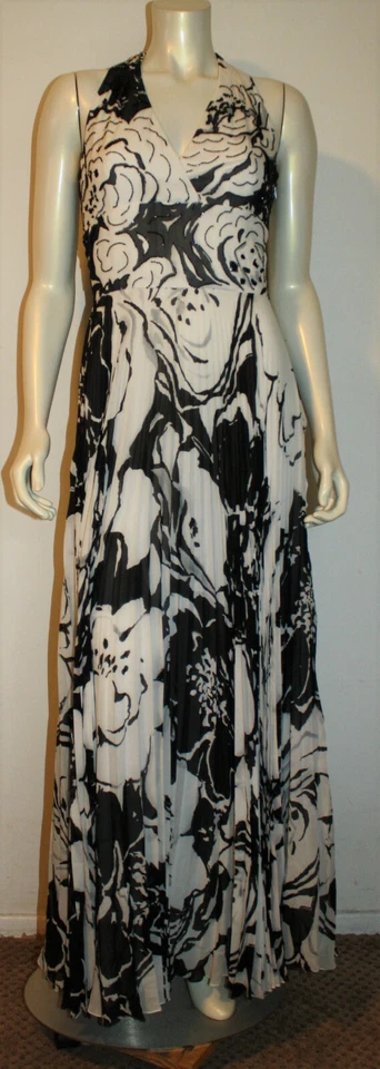 Kay Unger Black White Beaded Long Maxi Dress 6 Silk Halter Pleated Skirt - Image 1 of 4