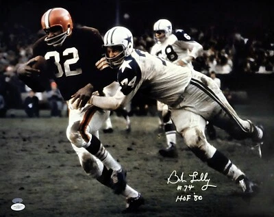 Bob Lilly Dallas Cowboys Signed w/HOF 16x20 Photo vs Jim Brown w/JSA COA - Image 1 of 3