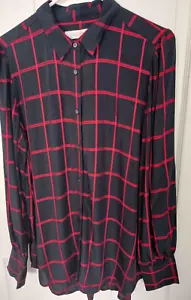 Loft Womens Sz M Blouse Black Red Plaid Button Front Shirt Long Sleeve Rayon - Picture 1 of 4