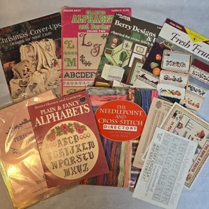 Lot Cross Stitch Needle Point Leaflets Book Alphabet Christmas Summer Fruit - Picture 1 of 9