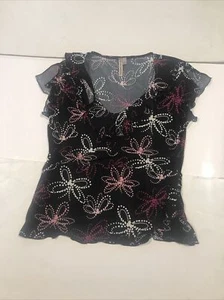 Susan Lawrence Blouse Size S Black Pink Butterflies Cut Sleeves Ruffles 4496 - Picture 1 of 13