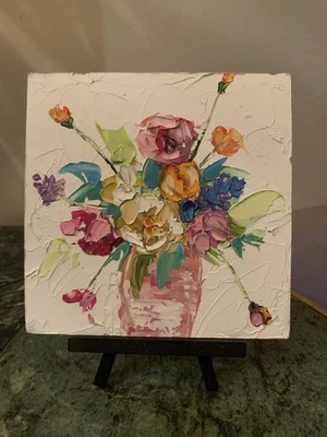 Pintura al óleo bodegón vintage con flores firmado Ray Zielinski original 8x10 Foto 1 de 4