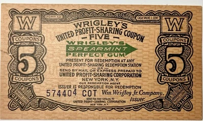 1930’S WRIGLEY’S GUM UNITED PROFIT SHARING COUPON ~ SER# 574404 COT ~ VINTAGE - Image 1 of 4