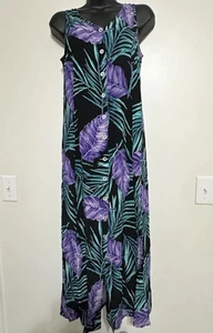 Vintage Liz Baker womens Button Up Maxi Dress Size 6P Black Floral Tropical - Picture 1 of 4