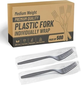 500 PcsIndividually Wrapped Black Plastic Forks Medium Weight - Ideal for Party, - Picture 1 of 4