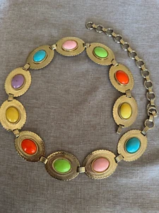 Vintage 1960s Steel Metal Gold Tone scallop Belt W/faux Pastel Oval Centers 36” - Picture 1 of 4