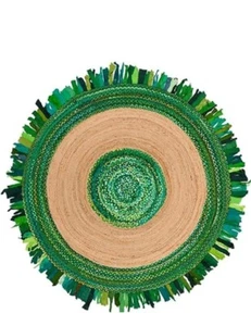 Handmade Round Green Jute Rug with Cotton Fringe – Eco-Friendly Braided Mat - Picture 1 of 4
