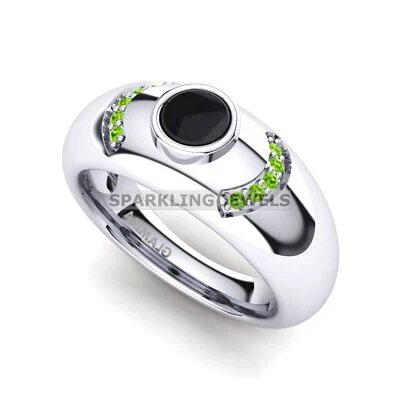 Piedras preciosas de corte redondo de peridoto con anillo de plata de ley 925 para hombre #D211 Foto 1 de 4