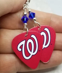 Washington Nationals White "W" Red Guitar Pick Earrings with Swarovski Crystals - Picture 1 of 4