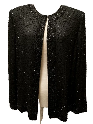 Cárdigan de noche vintage Lawrence Kazar para mujer negro 100 % seda con cuentas Plus XXL Foto 1 de 4