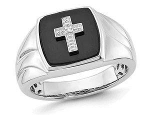 Anello uomo croce onice nera in argento sterling con accento diamanti - Foto 1 di 5