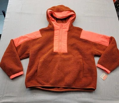 NUEVO Free People FP Movimiento Polar Sudadera con Capucha Coral Brillante/Marrón PEQUEÑO Ajuste De Gran Tamaño Foto 1 de 4