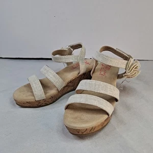 Sandalias de cuña Jellypop para niña talla 2 caqui tela tostada arpillera acento de flores - Imagen 1 de 8