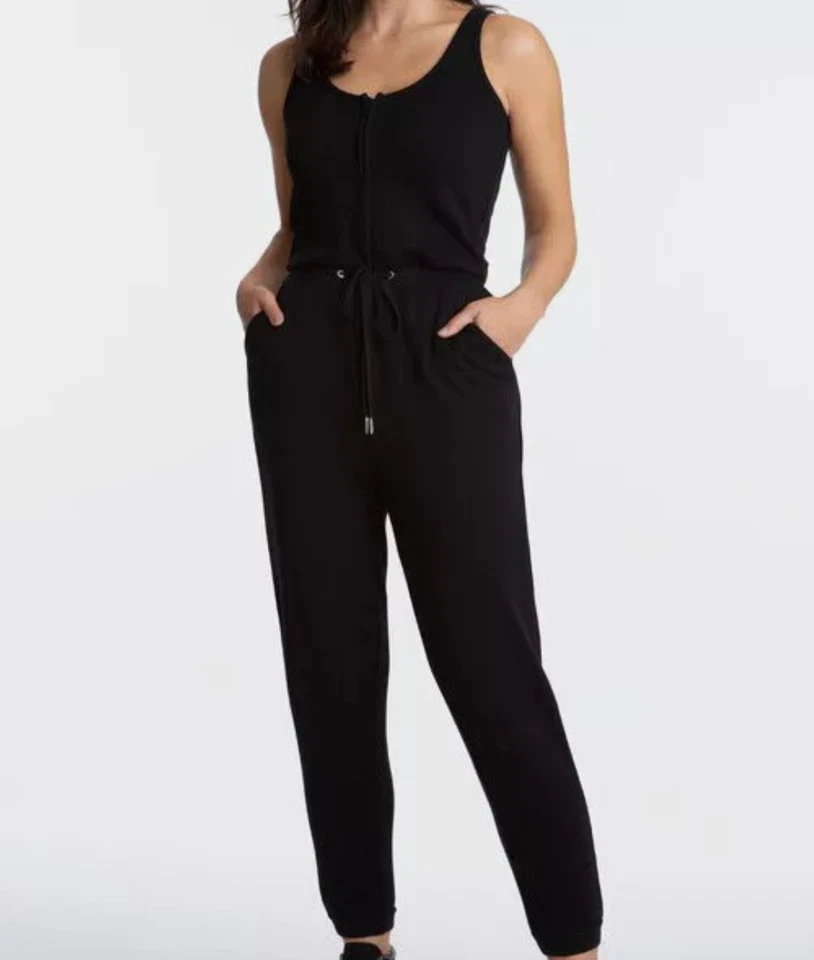 Juicy Couture Womens Zip Front Sleeveless Jumpsuit Black Drawstring Sweat Sz S - Image 1 of 4