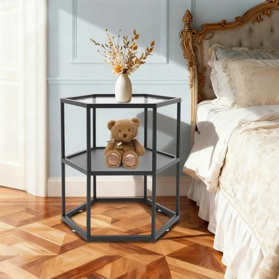 Hexagonal Side Table Outdoor Metal End Table for Patio Garden Decor 2-Tier - Image 1 of 4