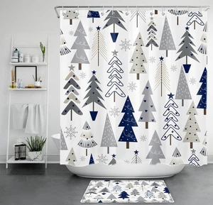 Rustic Grey Xmas Tree Merry Christmas Shower Curtain Bathroom Accessories Set - Picture 1 of 25
