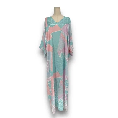 Vintage 1980s Mary McFadden Silky Kaftan Maxi Dress Pastel Abstract Print USA - Image 1 of 4