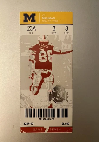2008 Ohio State v Michigan Ticket Gold Pants Terrelle Pryor Beanie Wells Tressel Cover