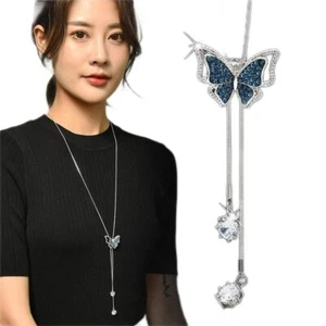 Butterfly Pendant Necklace for Women Long Sweater Chain Crystal Tassel Necklace - Picture 1 of 7