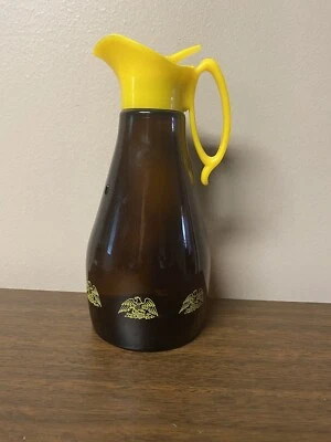 Vintage Amber Log Cabin Syrup Table Dispenser Glass Bottle Yellow Lib  - Image 1 of 4