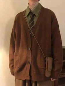  Men's Knitted Cardigan Sweater Loose Fit Top Jacket Casual Crew Neck - Picture 1 of 18