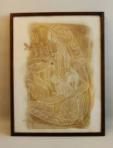 Tableau ancien Femme - technique du négatif gravure blanc sur doré / marron - Picture 1 of 3