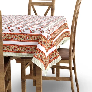 Indian Hand Block Printed Tablecloth Cotton Grey Orange Red Buti Cover Set 60x90 - Picture 1 of 5