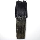 Mac Duggal Long Sleeve Fully Beaded Evening Gown with Fringe in Black/Gold - 16