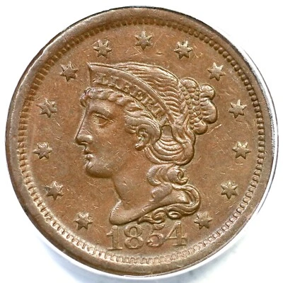 1854 N-9 R-2 ANACS EF 45 Braided Hair Large Cent Coin 1c - Image 1 of 3