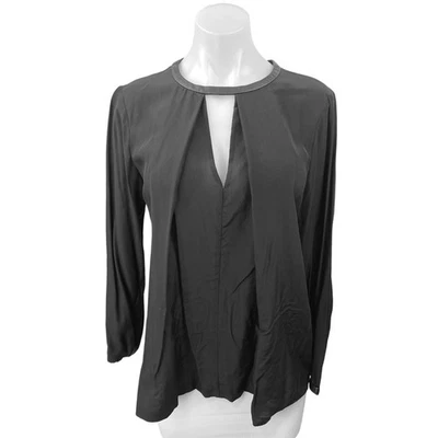 Club Monaco Black 100% Silk 100% Leather V Neck Long Sleeve Blouse Top Size M - Image 1 of 4