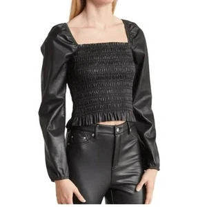 BAGATELLE Top Black Shirred Faux Leather Crop Blouse - NWT - Size Large - Picture 1 of 13