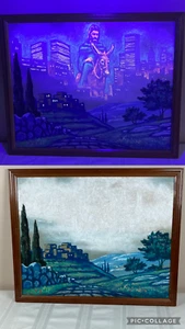 Vintage Black Light Jesus Christ On Donkey City Scape Picture 17 x 21 - Picture 1 of 8