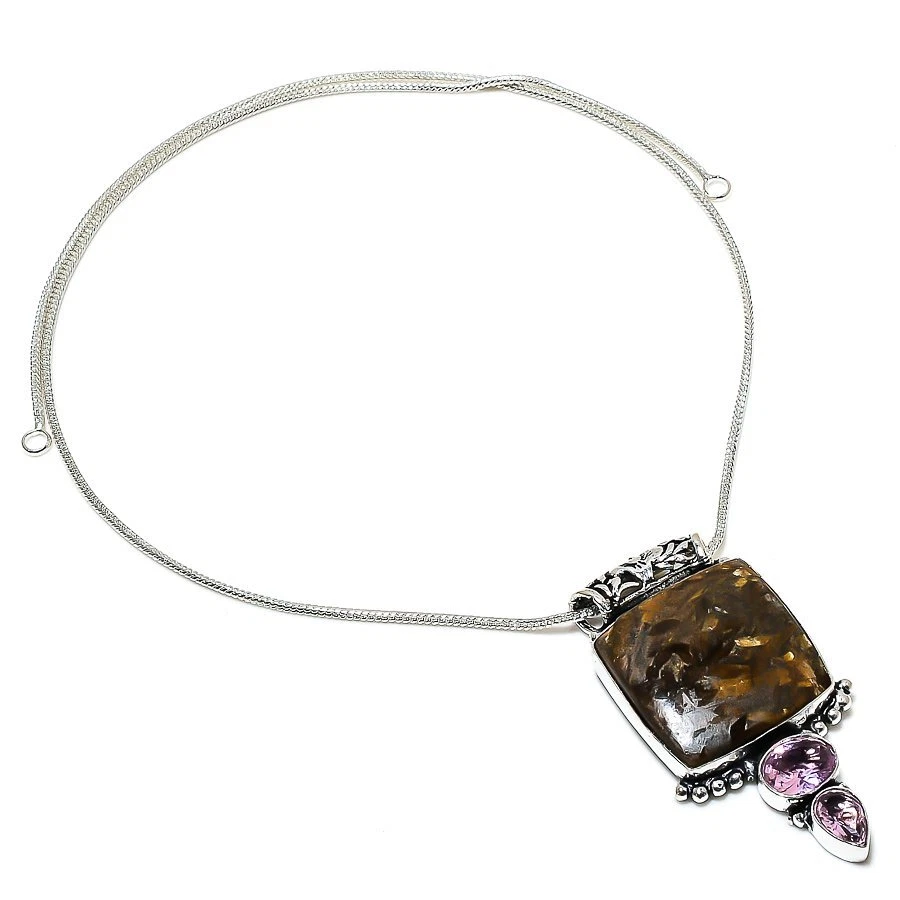 Colgante de joyería de plata de ley 925 hecho a mano con piedras preciosas de broncita, kuncita 2,17" Foto 1 de 1