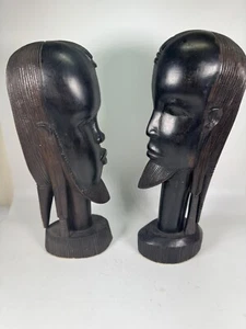 Coppia di busti in legno di ebano africano intagliati a mano da 9,5" - figure maschili e femminili RARI - Foto 1 di 10