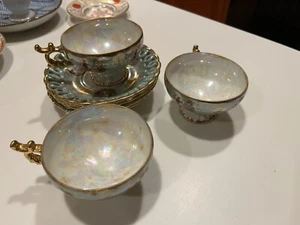 VTG Royal Sealy Japan 3 Teacups & 4 Saucers GREEN Iridescent Gold Trim - Picture 1 of 6