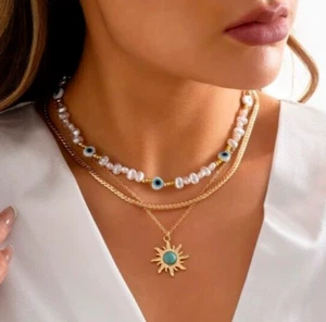 Zara 18K Gold plated 3 layer turquoise sun pearl evil eye necklace pendant sale - Picture 1 of 6