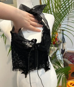 Handmade Black Lace Corset Bustier With Sheer Ruffles Satin Tie Bow Size XS - Picture 1 of 2
