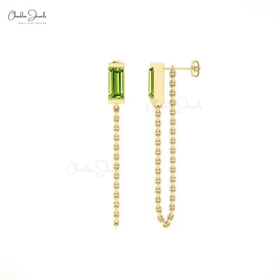 14k Solid Gold Chain Earrings 6x3mm Baguette Peridot Pushback Stud Gift For Her - Image 1 of 4