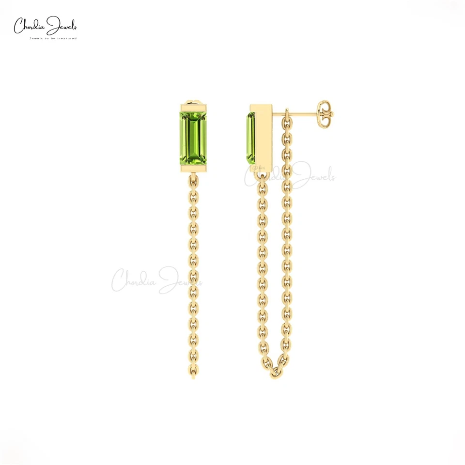 14k Solid Gold Chain Earrings 6x3mm Baguette Peridot Pushback Stud Gift For Her - Image 1 of 4