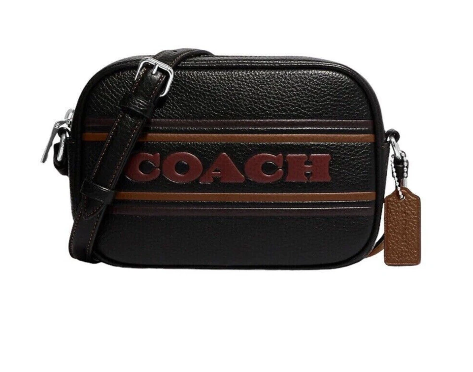 COACH CH308 Mini Jamie Camera Bag With Coach Stripe in Leather Black/Saddle