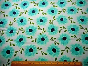 Quilt Fabric By Half-Yard Aqua Floral Black Center Grn on Ivory Premium Cotton C - Picture 1 of 2