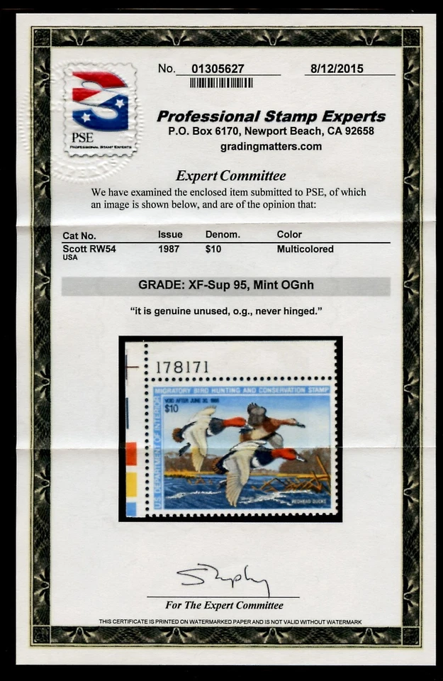 US RW54, 1987 REDHEADS, 2015 PSE CERTIFICATE, MNH, XF-SUPBURB, (US924K) - Image 1 of 3