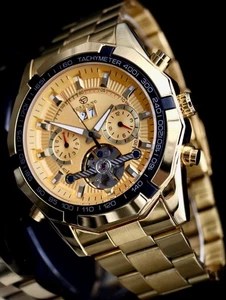 Reloj Deportivo Hombre Automático Colores Dorados Calendario y Volante Abierto NUEVO - Imagen 1 de 4